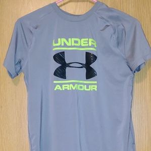 Under Armour Fitted Heatgear Shirt Boys Size YXL Color Grey Logo Short Sleeves